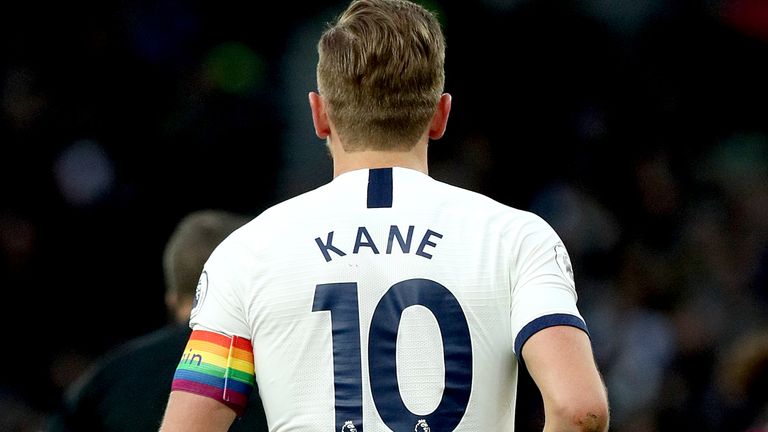 Harry Kane wears a rainbow captain's armband during Rainbow Laces week while playing for Spurs