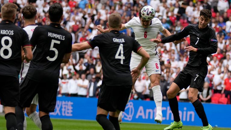 England defender Harry Maguire gets a header in on goal against Germany