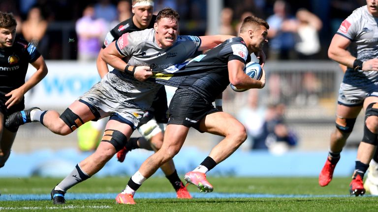 Exeter Chiefs v Sale Sharks - Gallagher Premiership - Sandy Park
Exeter Chiefs' Henry Slade is tackled by Sale Sharks' Cobus Wiese during the Gallagher Premiership match at Sandy Park, Exeter. Picture date: Saturday June 12, 2021.
