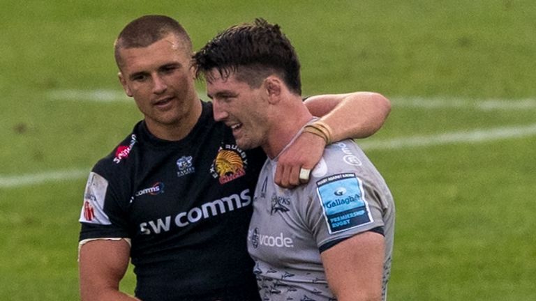 Exeter Chiefs' Henry Slade and Sale Sharks' Tom Curry talk after the final whistle                         