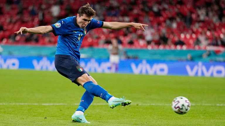 Italy's Federico Chiesa kicks the ball during the Euro 2020 soccer championship round of 16 match between Italy and Austria at Wembley