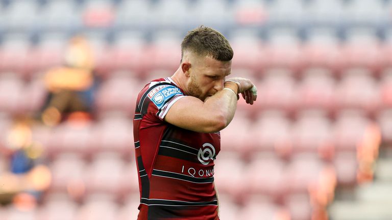 Jackson Hastings of Wigan Warriors looks dejected during the game