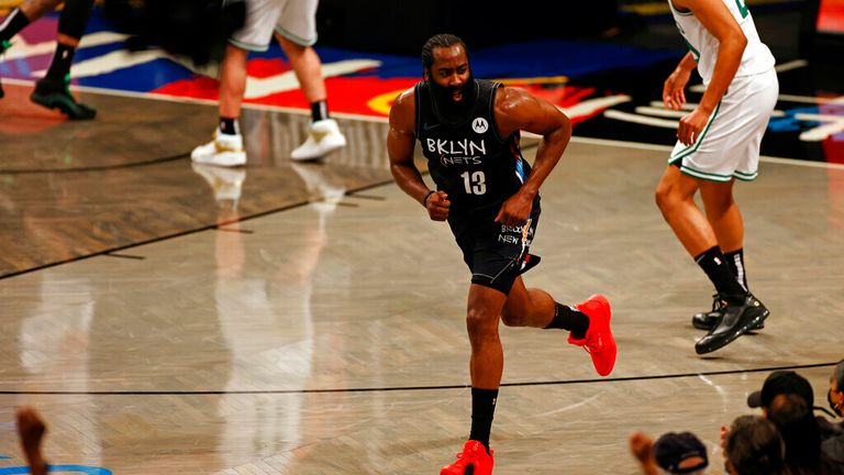 Brooklyn Nets guard James Harden (13) reacts against the Boston Celtics in the first half of Game 5 during an NBA basketball first-round playoff series, Tuesday, June 1, 2021, in New York. (AP Photo/Adam Hunger)