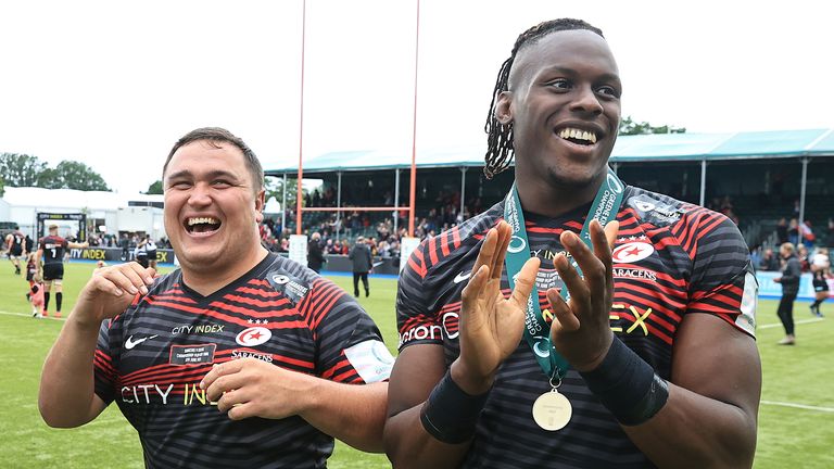 Jamie George (L) and Maro Itoje of Saracens celebrate after their victory over Ealing