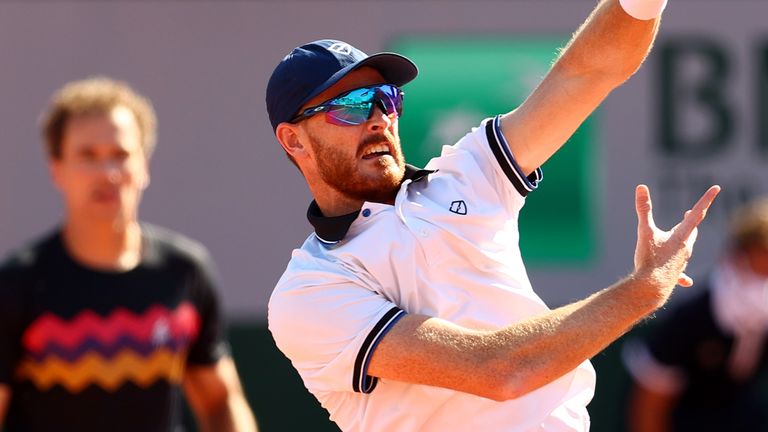 Jamie Murray of Great Britain, parter of Bruno Soares of Brazil volleys in their mens doubles first round match against Luke Bambridge and Dominic Inglot of Great Britain during day three of the 2021 French Open at Roland Garros on June 01, 2021 in Paris, France. (Photo by Julian Finney/Getty Images)