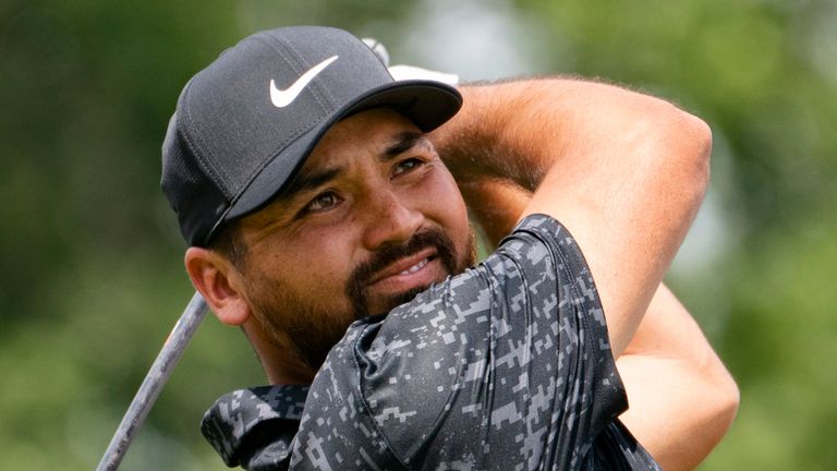 Jason Day watches his shot on the first tee during the third round of the Travelers Championship golf tournament at TPC River Highlands, Saturday, June 26, 2021, in Cromwell, Conn. (AP Photo/John Minchillo)