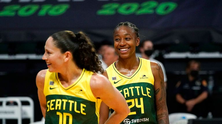 Seattle Storm&#39;s Jewell Loyd (24) and Sue Bird smile 