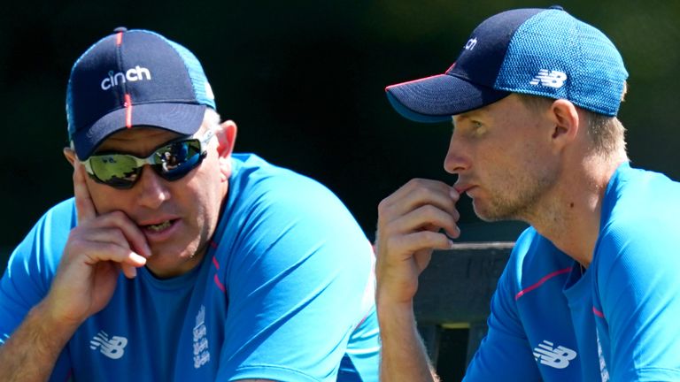 England head coach Chris Silverwood (left) speaks to Joe Root during a nets session at Edgbaston, Birmingham. Picture date: Wednesday June 9, 2021.