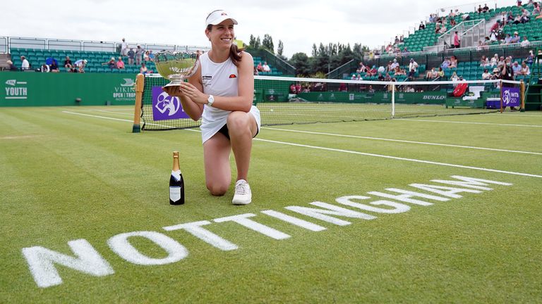 Johanna Konta with the trophy after winning her WTA final against Shuai Zhang on day nine of the Viking Open at Nottingham Tennis Centre. Picture date: Sunday June 13, 2021.