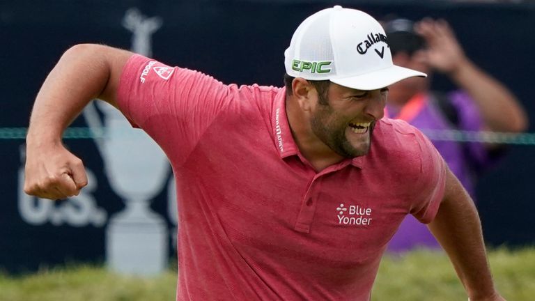 Jon Rahm, of Spain, pumps his fist after making his birdie putt on the 18th green during the final round of the U.S. Open Golf Championship, Sunday, June 20, 2021, at Torrey Pines Golf Course in San Diego. (AP Photo/Marcio Jose Sanchez)