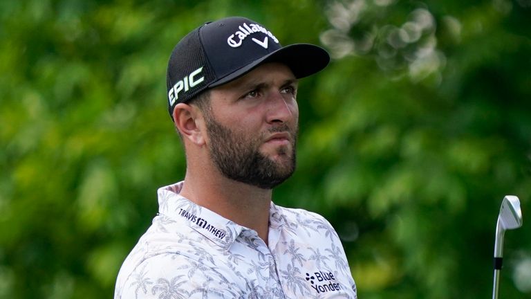 Jon Rahm watches his tee shot on the 14th hole during the third round of the Memorial golf tournament, Saturday, June 5, 2021, in Dublin, Ohio. (AP Photo/Darron Cummings) 