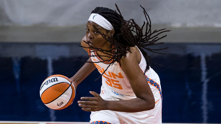 WASHINGTON, DC - JUNE 30: Jonquel Jones #35 of the Connecticut Sun dribbles the ball against the Washington Mystics during the first half of the game at Entertainment & Sports Arena on June 30, 2021 in Washington, DC. NOTE TO USER: User expressly acknowledges and agrees that, by downloading and or using this photograph, User is consenting to the terms and conditions of the Getty Images License Agreement. (Photo by Scott Taetsch/Getty Images)
