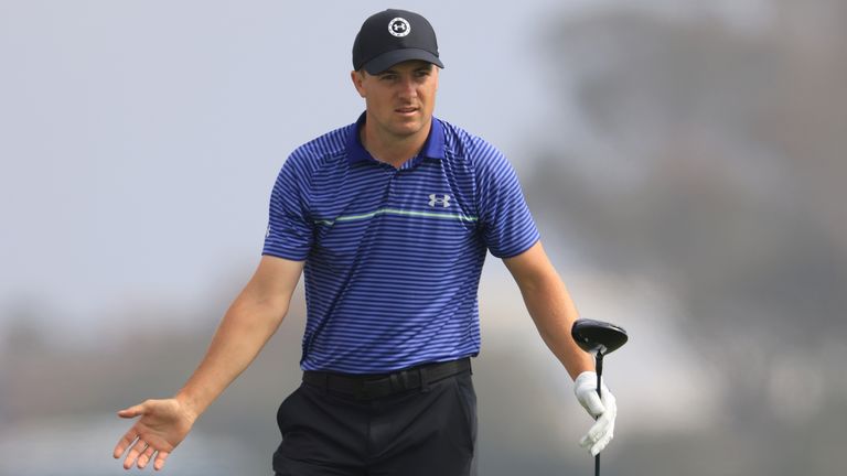 Jordan Spieth of the United States reacts to a tee shot during a practice round prior to the start of the 2021 U.S. Open at Torrey Pines