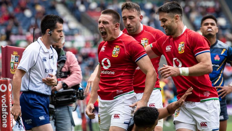 EDINBURGH, SCOTLAND - JUNE 26: British & Irish Lions' Josh Adams (centre) scores the opening try during an International Match between the British & Irish Lions and Japan at BT Murrayfield, on June 26, 2021, in Edinburgh, Scotland. (Photo by Paul Devlin / SNS Group)...