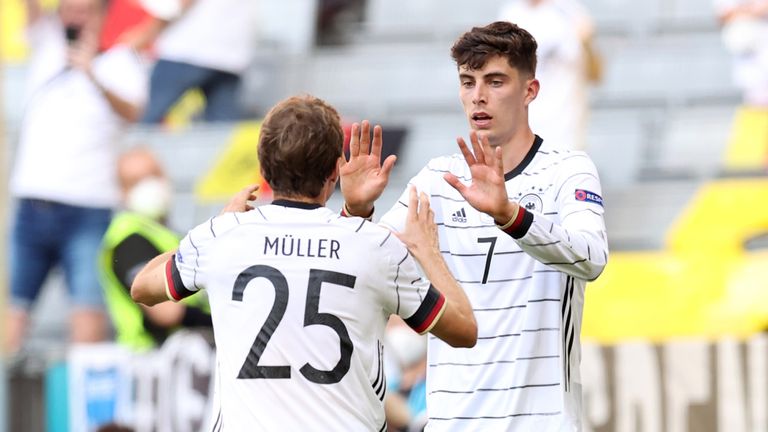 Germany's Kai Havertz celebrates with Thomas Mueller after scoring against Portugal