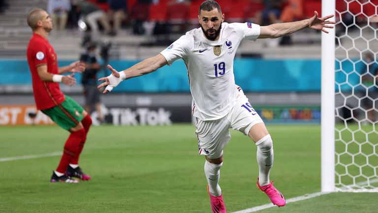 Karim Benzema celebrates scoring for France against Portugal at Euro 2020