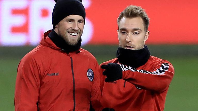 Denmark's Kasper Schmeichel (left) and Christian Eriksen during a training session at the Aviva Stadium, Dublin.