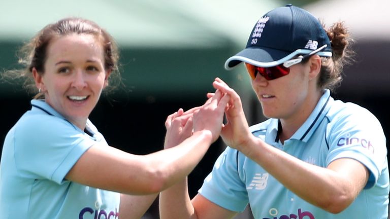 England Women �s Kate Cross (left) and Katherine Brunt (right) celebrates taking a catch to dismiss India Women�s Jemimah Rodrigues during the One Day International match at the The Cooper Associates County Ground, Taunton, Somerset. Picture date: Wednesday June 30, 2021.