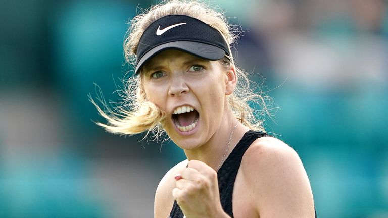 Great Britain&#39;s Katie Boulter reacts against Heather Watson during day six of the Viking Open at Nottingham Tennis Centre. Picture date: Thursday June 10, 2021.