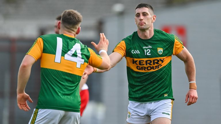 Paul Geaney of Kerry celebrates with team-mate Dara Moynihan after scoring his second goal