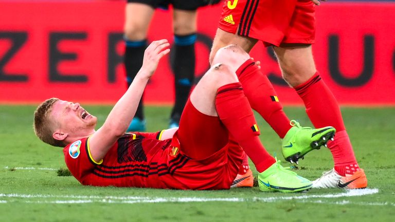 Belgium&#39;s Kevin De Bruyne reacts during the Euro 2020 soccer championship round of 16 match between Belgium and Portugal at La Cartuja stadium, Seville
