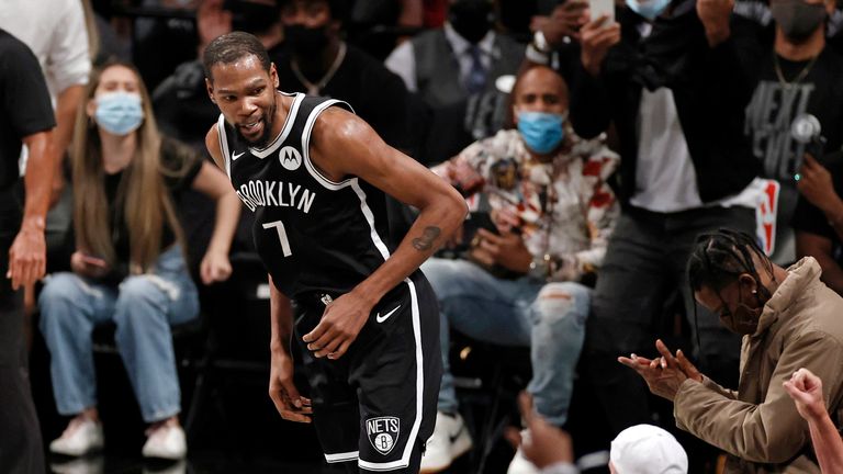 Brooklyn Nets forward Kevin Durant reacts after making a basket against the Milwaukee Bucks during Game 1 of an NBA basketball second-round playoff series