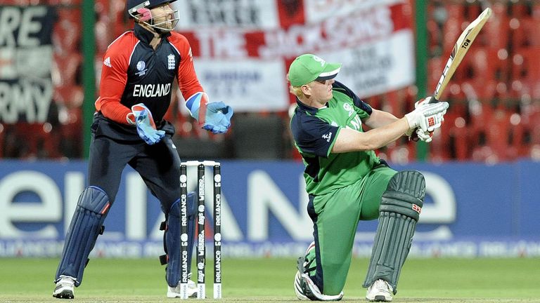 Cricket - 2011 ICC Cricket World Cup - England v Ireland - M Chinnaswamy Stadium
Ireland's Kevin O'Brien hits the ball for 6 runs during the ICC Cricket World Cup match at the at M Chinnaswamy Stadium, Bangalore, India.