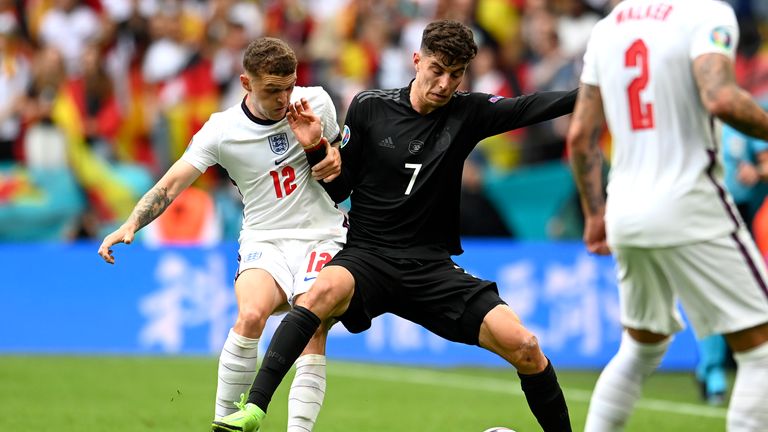 England's Kieran Trippier, left, and Germany's Kai Havertz vie for the ball during the Euro 2020 soccer championship round of 16 match between England and Germany, at Wembley stadium in London, Tuesday, June 29, 2021. (Andy Rain, Pool via AP)