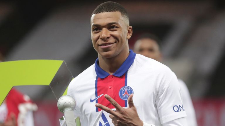 Kylian Mbappe picked up the trophy for the Ligue 1 top goalscorer with 27 goals for PSG in 2020-21