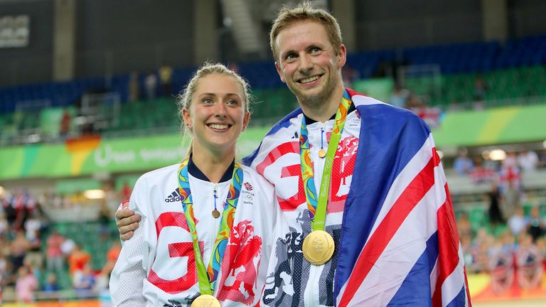 File photo dated 16-08-2016 of Great Britain's Jason Kenny after winning the gold medal in the Men's Keirin Final poses with fiancee Great Britain's Laura Trott who won gold in the Women's Omnium Points Race 6/6 at the Rio Olympic Velodrome on the eleventh day of the Rio Olympics Games, Brazil. Issue date: Tuesday April 13, 2021.