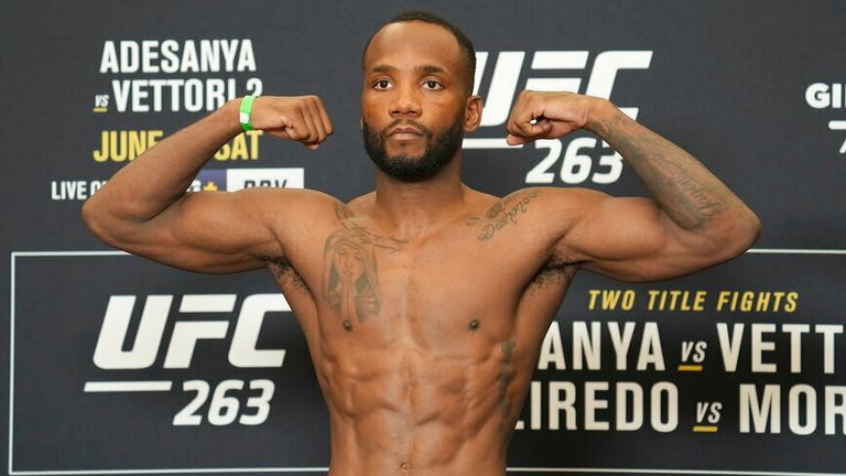 Leon Edwards steps on the scale for the official weigh-in for UFC 263 on June 11, 2021, at Hyatt Regency Downtown Phoenix in Phoenix, AZ. (Photo by Louis Grasse/PxImages/Icon Sportswre) (Icon Sportswire via AP Images)