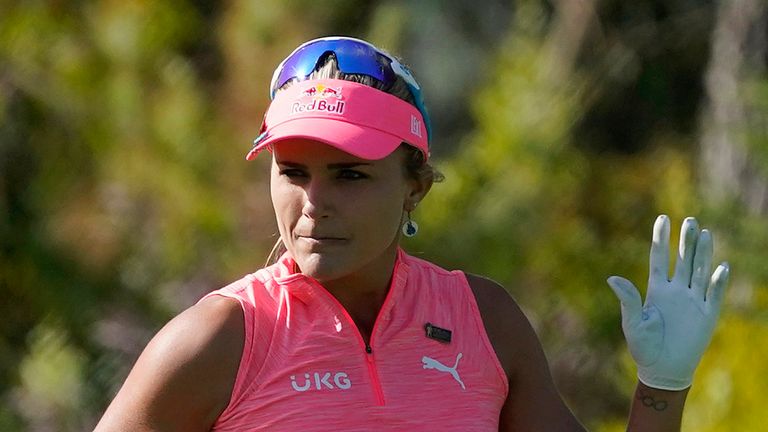 Lexi Thompson waves to the gallery on the 14th fairway during the third round of the U.S. Women's Open golf tournament at The Olympic Club, Saturday, June 5, 2021, in San Francisco. (AP Photo/Jeff Chiu)