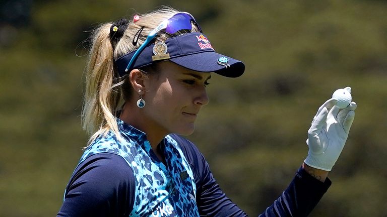 Lexi Thompson waves after making her putt on the ninth green during the final round of the U.S. Women's Open golf tournament at The Olympic Club, Sunday, June 6, 2021, in San Francisco. (AP Photo/Jeff Chiu)