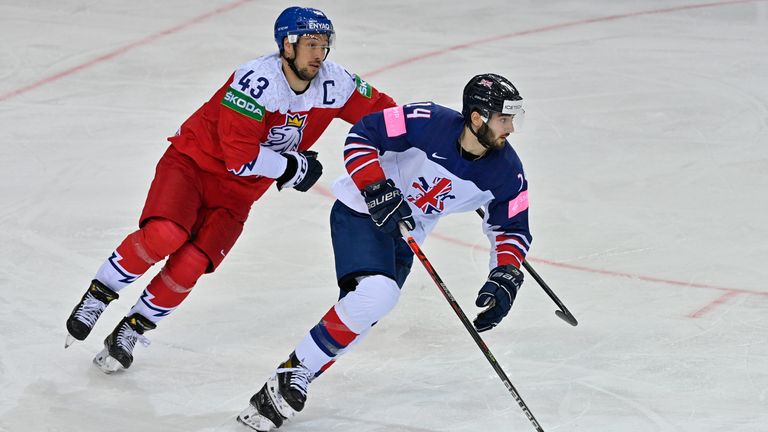 AP - Liam Kirk (right) in action against the Czech Republic at the 2021 IIHF World Championships