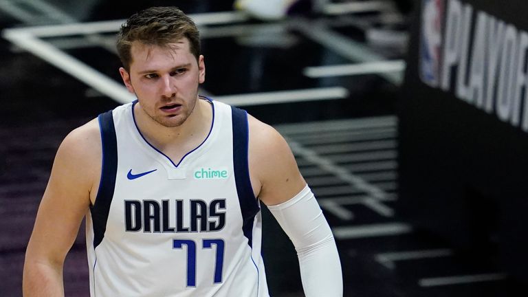 Dallas Mavericks guard Luka Doncic reacts to making a shot during Game 7 of an NBA basketball first-round playoff series against the Los Angeles Clippers