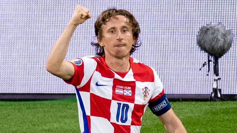 Croatia's Luka Modric celebrates making it 2-1 during a Euro 2020 match between Croatia and Scotland at Hampden Park