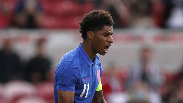 Marcus Rashford celebrates his penalty winner against Romania in England's final Euro 2020 warm-up match