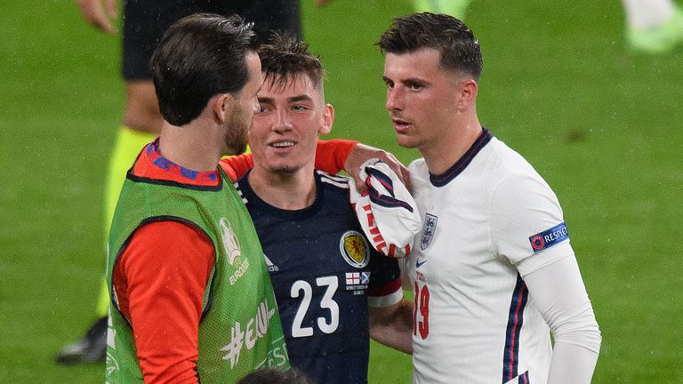 Billy Gilmour, Mason Mount and Ben Chilwell in close contact with each other after England&#39;s Euro 2020 match against Scotland 