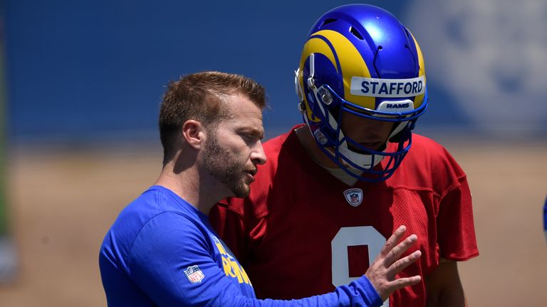 Rams head coach Sean McVay speaks with Matthew Stafford during a practice in L.A