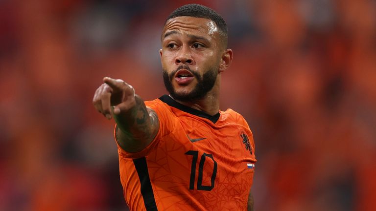 Memphis Depay of the Netherlands during the Euro 2020 soccer championship group C match between Netherlands and Austria at Johan Cruyff ArenA in Amsterdam, Netherlands, Thursday, June 17, 2021, (Dean Mouhtaropoulous/Pool via AP)