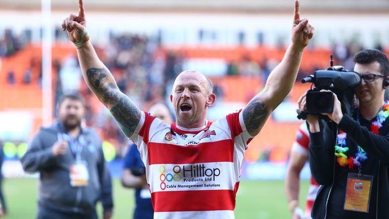 Picture by Ash Allen/SWpix.com - 19/05/2019 - Rugby League - Betfred Championship Summer Bash 2019 - Leigh Centurions v Widnes Vikings - Bloomfield Road, Blackpool, England - Micky Higham of Leigh Centurions celebrates.