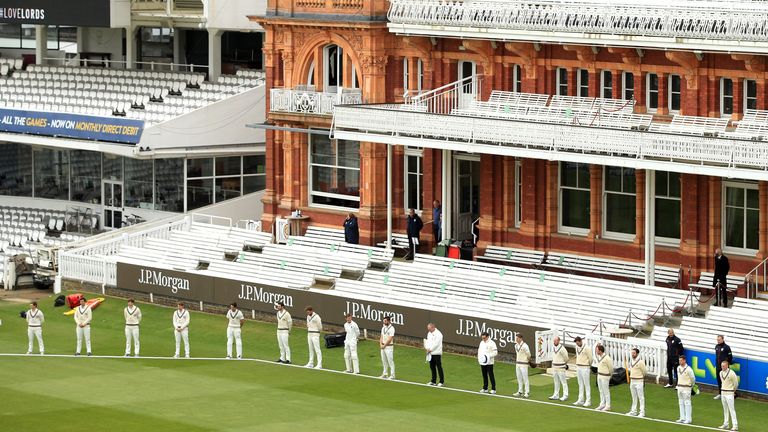 Middlesex and Somerset players gathered for a 'moment of unity' at Lord's on the opening day of the 2021 county season (PA Images)