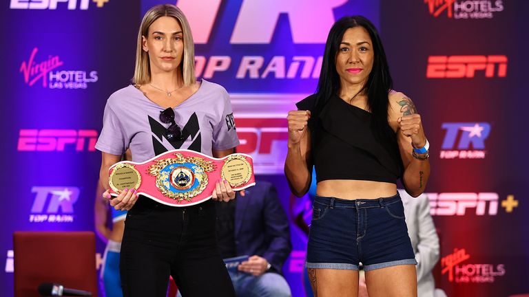 LAS VEGAS, NEVADA - JUNE 17: Mikaela Mayer (L) and Erica Farias (R) posed during their press conference for the WBO female jr. lightweight championship at Virgin Hotels Las Vegas on June 17, 2021 in Las Vegas, Nevada. (Photo by Mikey Williams/Top Rank Inc via Getty Images)