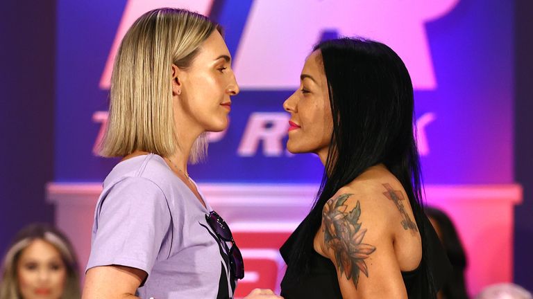 LAS VEGAS, NEVADA - JUNE 17: Mikaela Mayer (L) and Erica Farias (R) face-off during their press conference for the WBO female jr. lightweight championship at Virgin Hotels Las Vegas on June 17, 2021 in Las Vegas, Nevada. (Photo by Mikey Williams/Top Rank Inc via Getty Images)