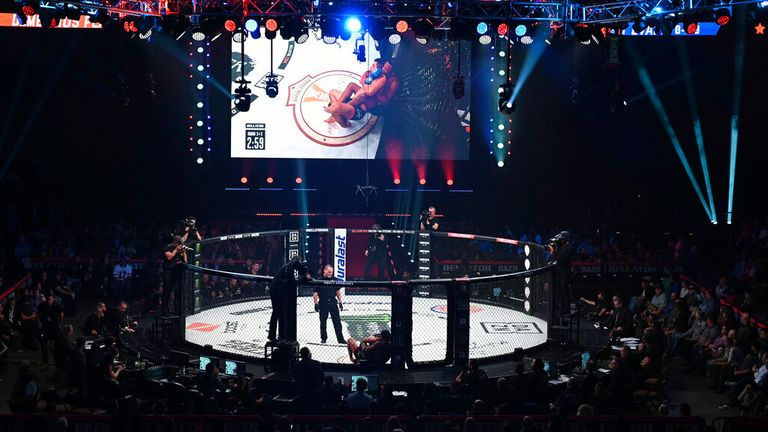 UNCASVILLE, CT - OCTOBER 26: A general view of the Bellator MMA cage during the event on October 26, 2019 at the Mohegan Sun Arena in Uncasville, Connecticut. (Photo by Williams Paul/Icon Sportswire) (Icon Sportswire via AP Images)