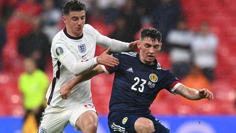 Mason Mount challenges Billy Gilmour 