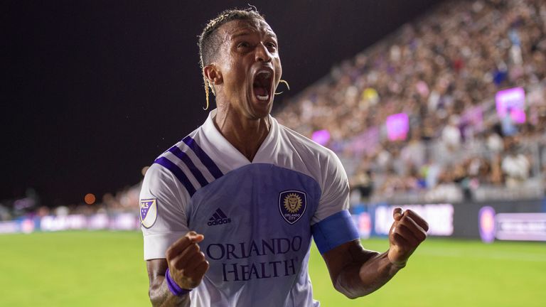 FORT LAUDERDALE, FL - JUNE 25: Orlando City midfielder Nani (17) yells as he celebrates scoring a goal during a MLS soccer match between Orlando City SC and Inter Miami FC, Friday, June 25, 2021, at the DRV PNK Stadium, in Fort Lauderdale, Fla. (Photo by Doug Murray/Icon Sportswire) (Icon Sportswire via AP Images)