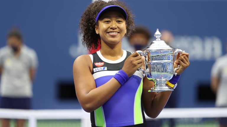 US Open Women's Singles Champion Naomi Osaka during the trophy presentation after her match against Victoria Azarenka at the 2020 US Open, Saturday, Sept. 12, 2020 in Flushing, NY. (Simon Bruty/USTA via AP)