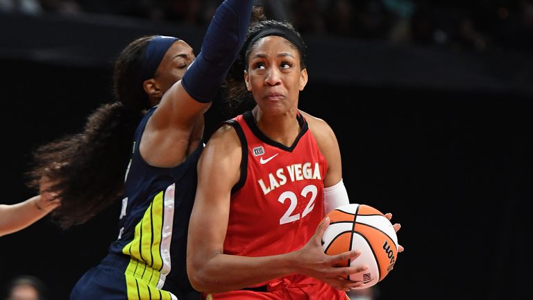 A'ja Wilson drives to the basket against the Dallas Wings