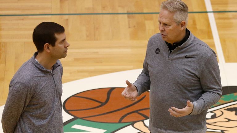 Boston Celtics head coach Brad Stevens, left, chats with Celtics general manager Danny Ainge in 2018